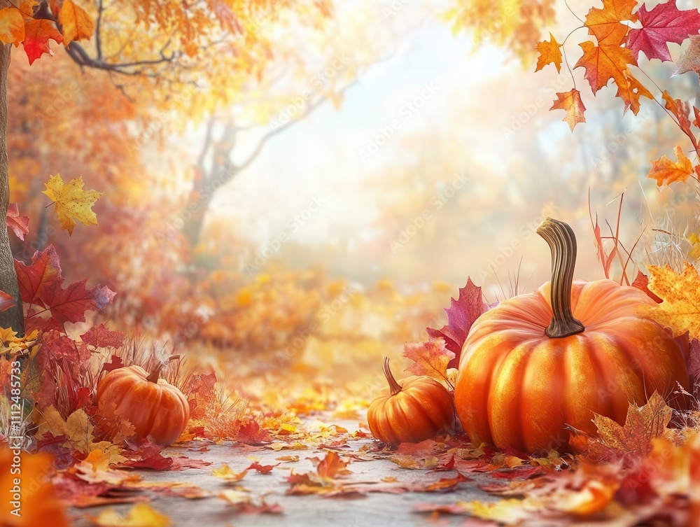 vivid autumn-themed backdrop featuring warm fall colors, pumpkins, and leaves, digitally generated to capture the essence of thanksgiving, evoking a sense of gratitude and harvest vivid autumn-themed backdrop featuring warm fall colors, pumpkins, and leaves, digitally generated to capture the essence of thanksgiving, evoking a sense of gratitude and harvest