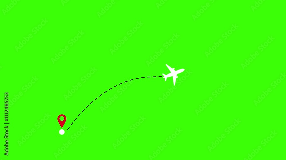 route location animated airplane maps location points 1 a and 2 b, travel path airplane map 4k looping green screen croma