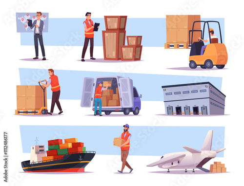 Logistic concepts. Delivery and warehouse workers moving goods from sellers to customers exact vector global logistic illustrations