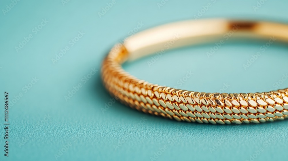 Golden Bracelet: A close-up shot of a luxurious golden bracelet, its intricate design shimmering against a turquoise surface, capturing the essence of elegance and sophistication. Golden Bracelet: A close-up shot of a luxurious golden bracelet, its intricate design shimmering against a turquoise surface, capturing the essence of elegance and sophistication.