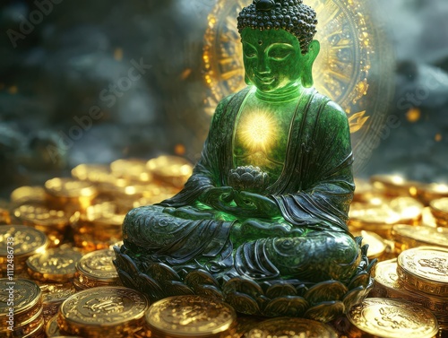 A jade Buddha radiating light atop gold coins, evoking opulence and spirituality, Detailed Realism, Studio Setup