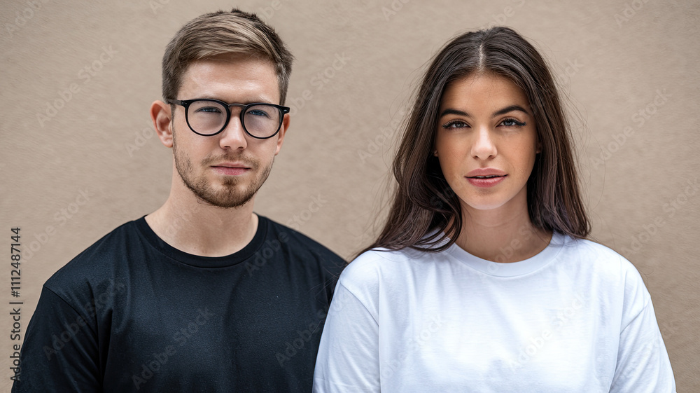 Man and Woman Wearing Blank White and Black T-Shirts - Casual Fashion, Minimalist Clothing, Simple Apparel, Plain T-Shirt Style, Neutral Background Man and Woman Wearing Blank White and Black T-Shirts - Casual Fashion, Minimalist Clothing, Simple Apparel, Plain T-Shirt Style, Neutral Background