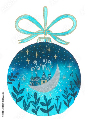 Illustration for decoration.  Hand drawn with ink, pen and brush. A glass ball with Christmas magic inside.