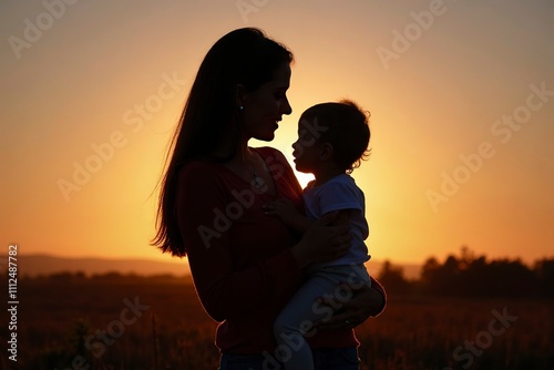 Mother and child silhouette standing together, symbolizing the unbreakable bond and nurturing love between a parent and their offspring, capturing the essence of family unity and emotional connection.
