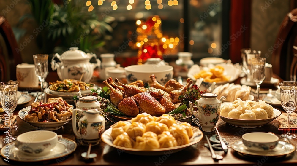 A festive table set with various traditional dishes for a celebratory meal. A festive table set with various traditional dishes for a celebratory meal.