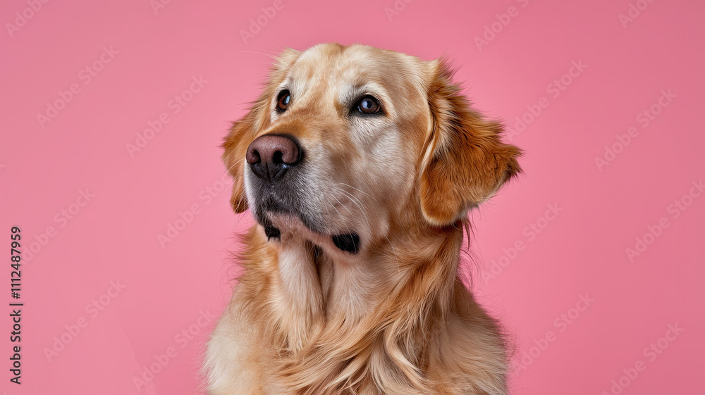 Golden Retriever Dog with Sad Eyes Looking Up - Emotional Portrait, Dog Expression, Pet Sadness, Soft Pink Background, Canine Emotions Golden Retriever Dog with Sad Eyes Looking Up - Emotional Portrait, Dog Expression, Pet Sadness, Soft Pink Background, Canine Emotions
