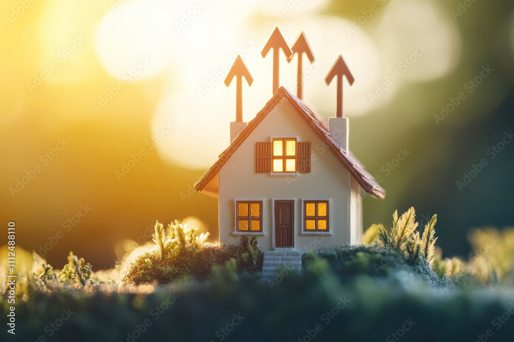 A house sits on a surface with arrows of varying sizes emerging from the roof pointing upward