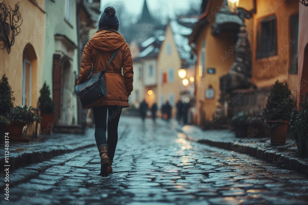 A person walking down a cobblestone street in a quaint village setting.