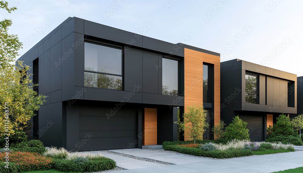 Modern black and wood facade of two-story homes with lush greenery and driveways, showcasing contemporary architectural design. Modern black and wood facade of two-story homes with lush greenery and driveways, showcasing contemporary architectural design.