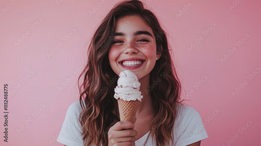 Cheerful girl enjoying ice cream cone against pink background - portrait photography Cheerful girl enjoying ice cream cone against pink background - portrait photography