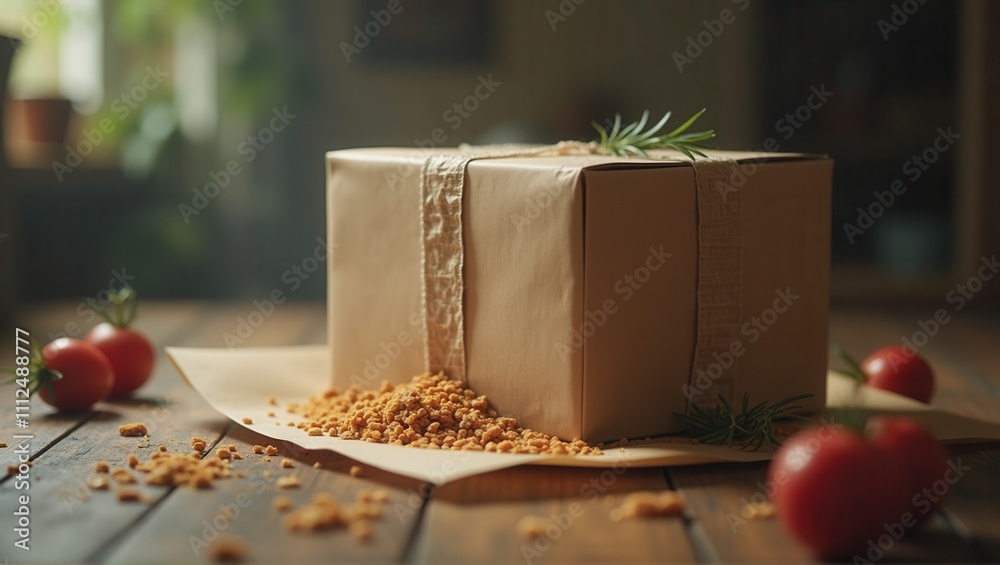 Wrapped box with string and greenery on a table, surrounded by chickpeas and cherry tomatoes. Generative, AI. Wrapped box with string and greenery on a table, surrounded by chickpeas and cherry tomatoes. Generative, AI.