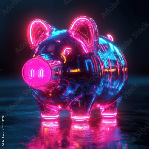 Craft a modern holographic piggy bank with neon lights, symbolizing financial growth Conceptual art, Cool tones for a futuristic twist photo