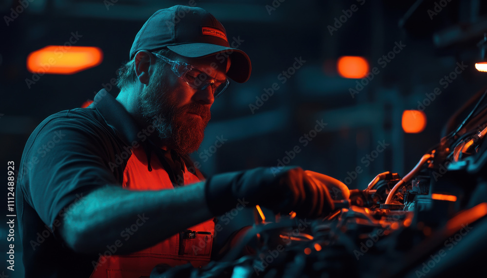 A mechanic works on a vehicle engine in a dimly lit garage with dramatic lighting. A mechanic works on a vehicle engine in a dimly lit garage with dramatic lighting.