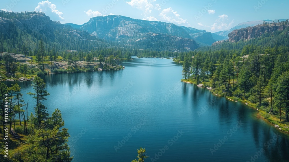 Serene mountain lake surrounded by lush evergreen trees and rocky terrain under a bright sky.