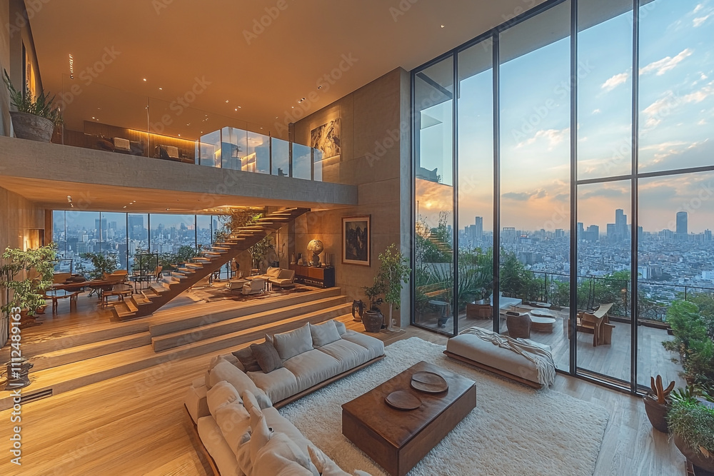 Fototapeta premium Modern Penthouse Apartment City View Luxury Living Space