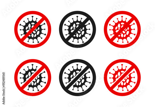 Antibacterial and antiviral defence. Stop virus, bacteria, germs and microbe icon, sticker, stamp, logo, symbol. Antibacterial and antiviral defence, protection infection.