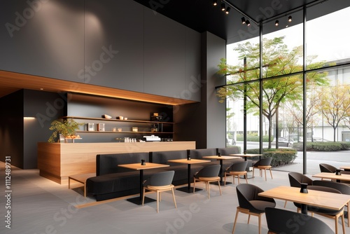 Minimalist Cafe Oasis: Sunlit Interiors with Large Windows - 3D Rendered Design