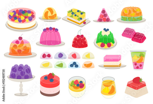 Fruit in jellies. Fresh dessert fresh juicy fruits in jellies candy puddings and piece of cakes recent vector stylized illustrations
