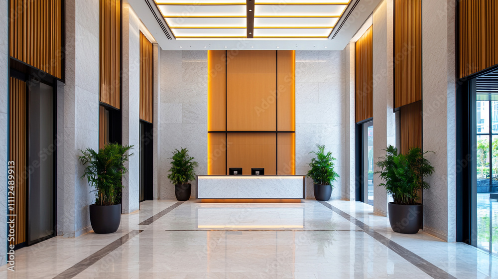 Obraz premium Modern hotel lobby with sleek design, featuring a reception desk and elegant plants, showcasing contemporary architectural style.