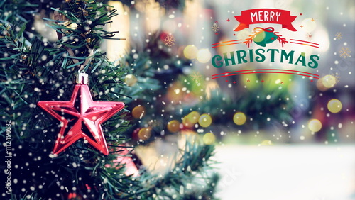 Christmas Background. Christmas background with snowflakes and bokeh lights.Snow on branches of christmas tree in sunny winter forest