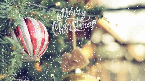 Christmas Background. Christmas background with snowflakes and bokeh lights.Snow on branches of christmas tree in sunny winter forest