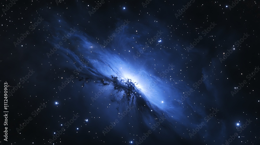 A reflective nebula casting a blue glow with clusters of stars scattered throughout A reflective nebula casting a blue glow with clusters of stars scattered throughout