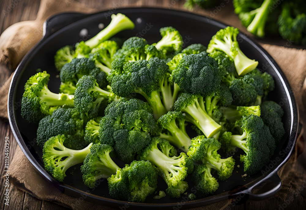 Freshly chopped broccoli sizzling in a pan, lightly fried to perfection, ready to create a delicious meal. Its vibrant green color and crisp texture shine.
Freshly chopped broccoli sizzling in a pan, lightly fried to perfection, ready to create a delicious meal. Its vibrant green color and crisp texture shine.