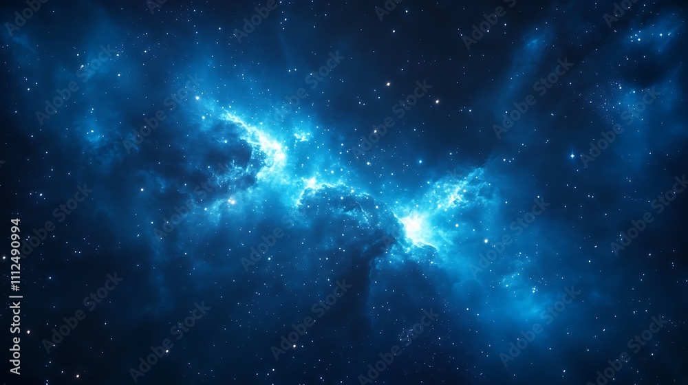 A reflective nebula casting a blue glow with clusters of stars scattered throughout A reflective nebula casting a blue glow with clusters of stars scattered throughout