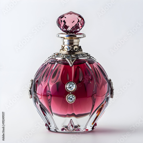 Glass perfume bottle decorated with precious stones and pink perfume inside on a white background