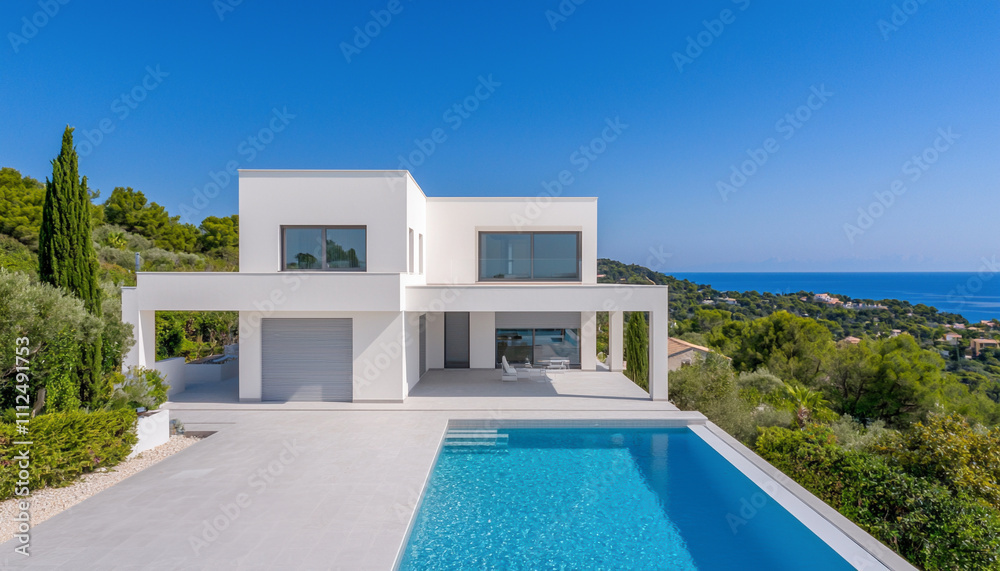 Fototapeta premium Modern luxury villa with pool overlooking scenic ocean view and lush greenery under a clear blue sky.
