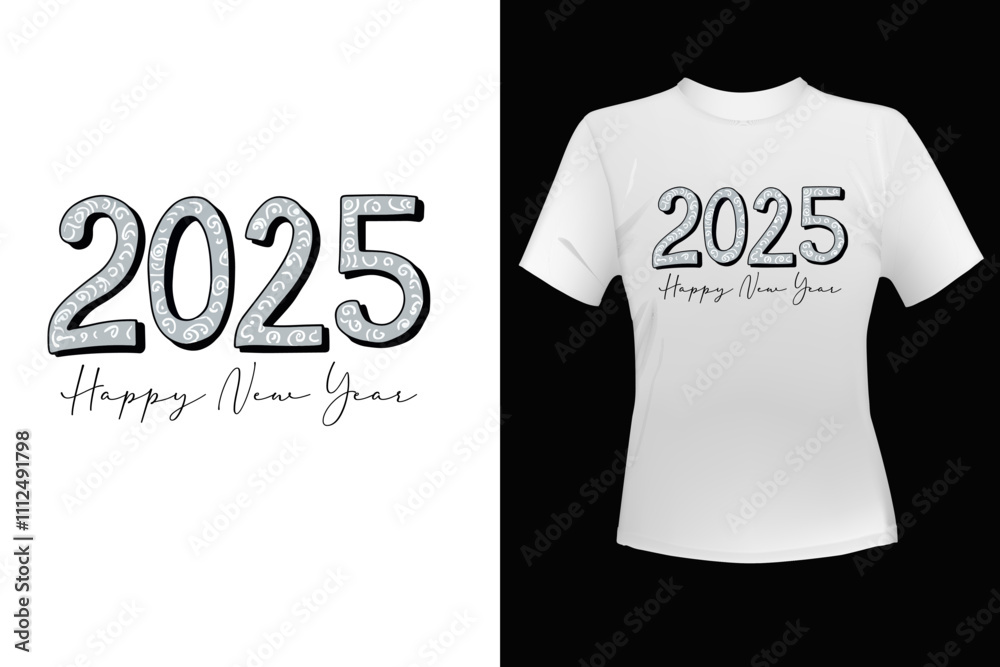 Naklejka premium Happy New Year 2025 T-shirt design For Print, Poster, Card, Mugs, Bags, Invitations, Parties, Etc.
