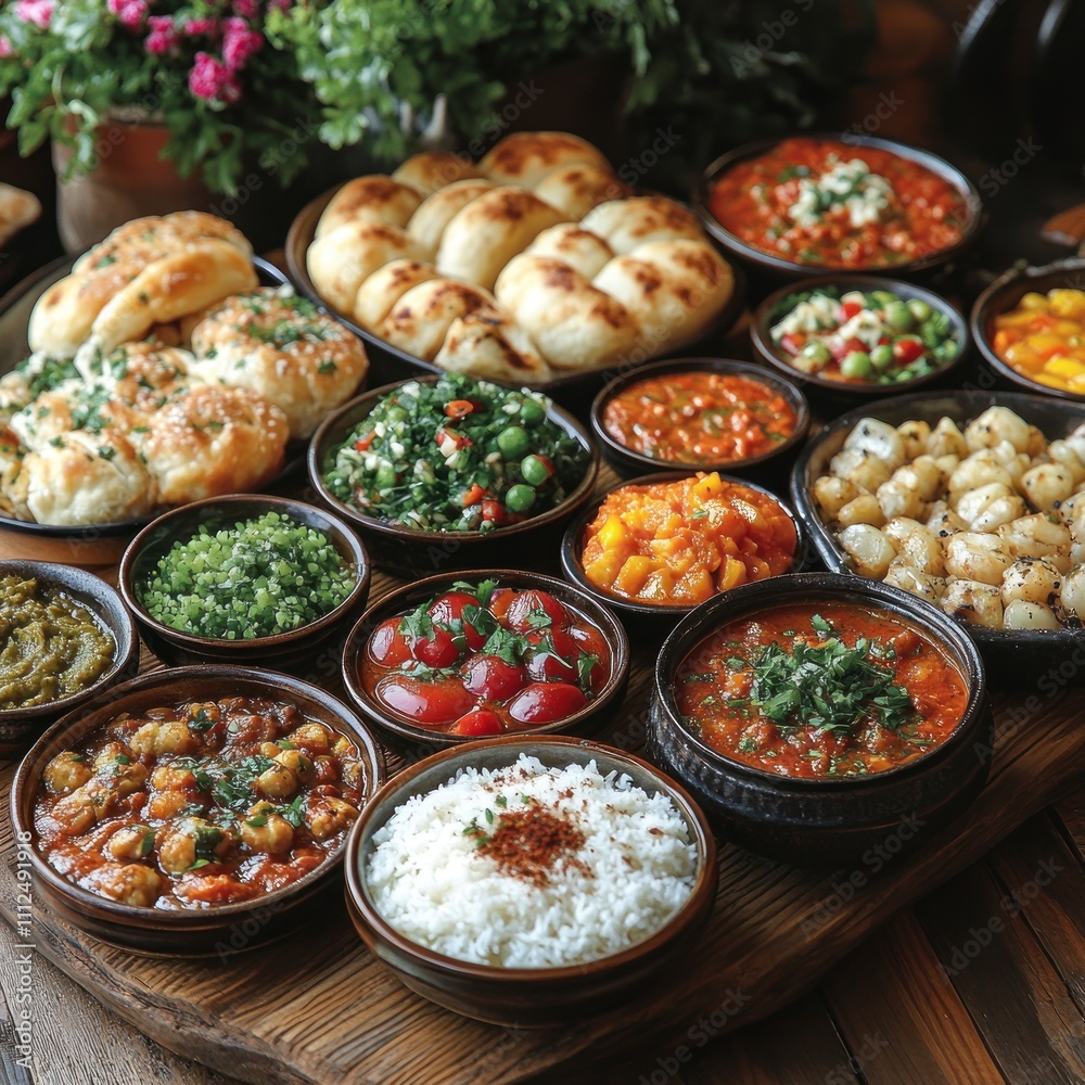 A vibrant spread of various Indian dishes served in bowls with bread on the side. A vibrant spread of various Indian dishes served in bowls with bread on the side.