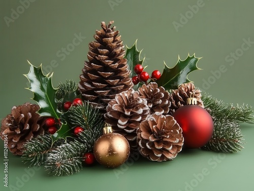 winter-themed home decor against a green background, featuring pine cones, holly, and ornaments, with ample space for seasonal text or greeting