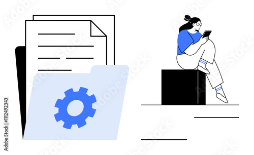Woman sitting on a bench, reviewing documents on her tablet, next to large folders with a gear icon. Ideal for productivity, document management, tech organization, remote work, personal development