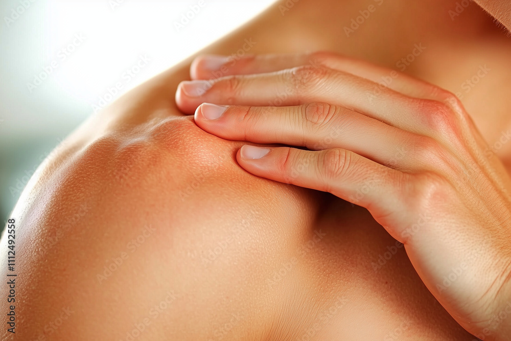 close up of hand gently kneading shoulder, showcasing relaxation and care. skin appears smooth and healthy, emphasizing soothing touch close up of hand gently kneading shoulder, showcasing relaxation and care. skin appears smooth and healthy, emphasizing soothing touch