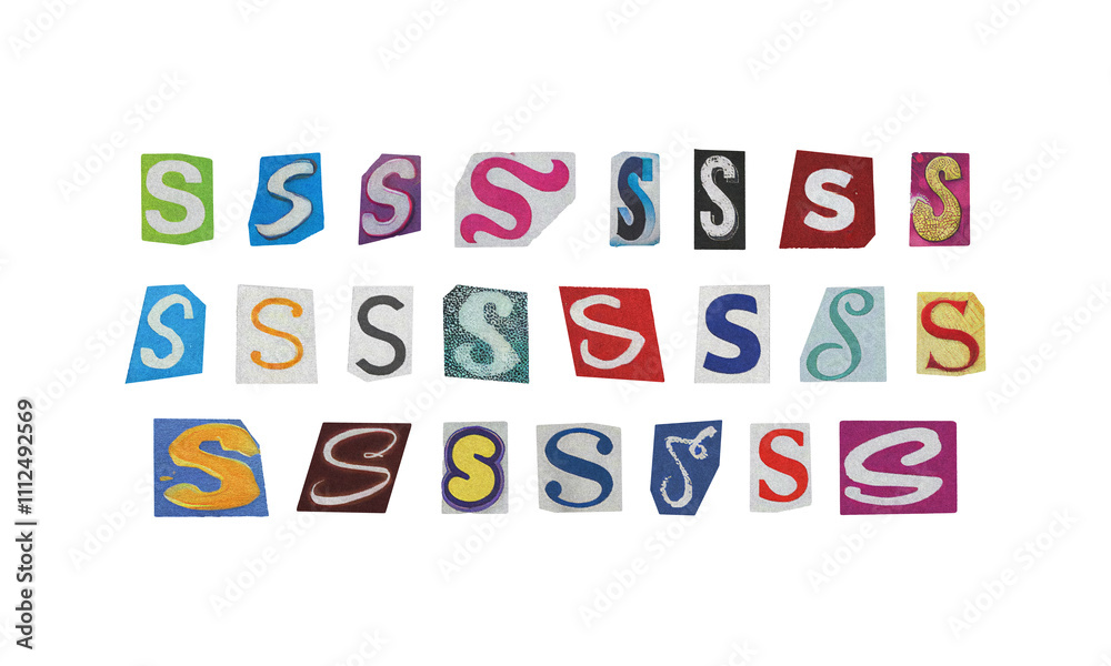 Set of cut-out letter “S” from magazines on a transparent background, retro y2k ransom font style Set of cut-out letter “S” from magazines on a transparent background, retro y2k ransom font style