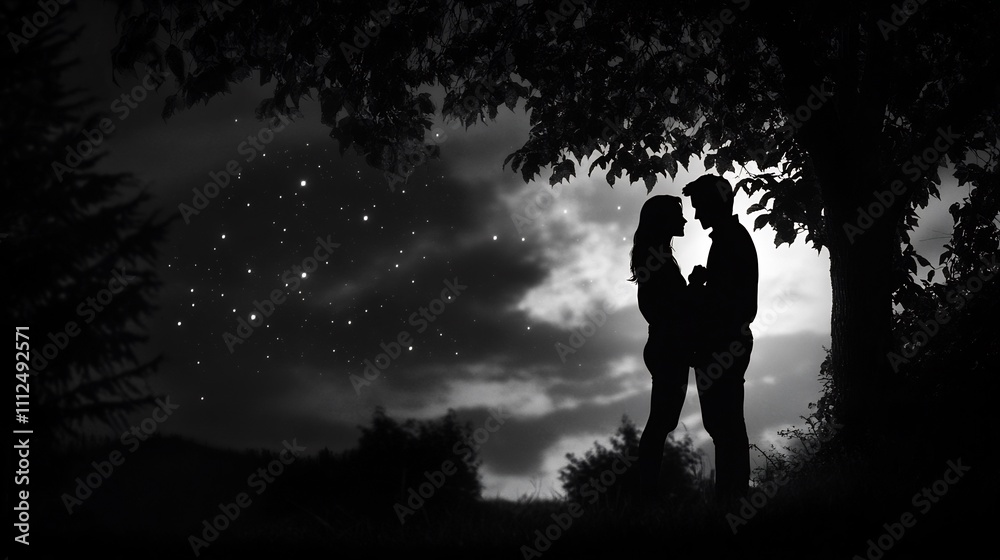Romantic couple under a starry night sky. Silhouettes of lovers embracing under a tree. Romantic couple under a starry night sky. Silhouettes of lovers embracing under a tree.