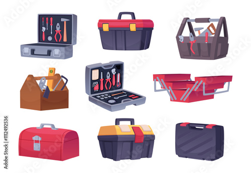 Portable toolboxes. Plastic containers for professional equipment exact vector tools for diy serviceman or builders