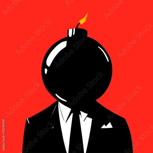 graphic black ink illustration of business man with a bomb for a head