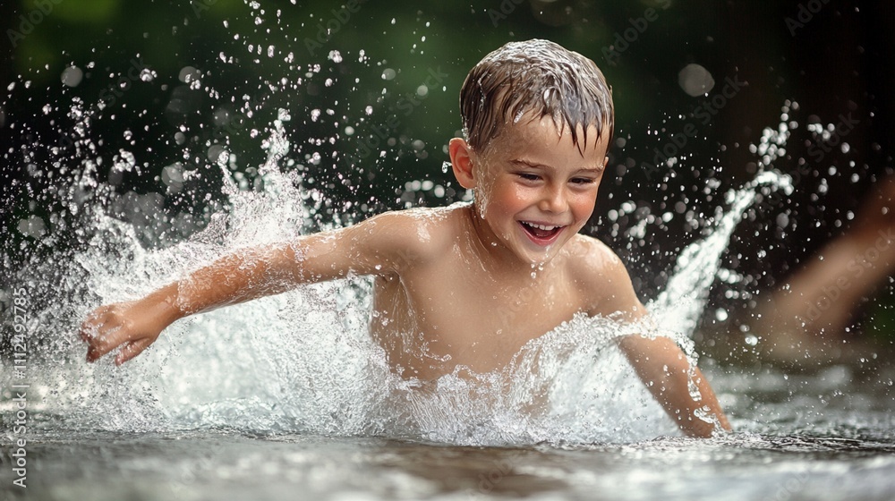 Joyful child splashing in water, surrounded by sparkling droplets and waves, embodying pure summer fun and carefree happiness in nature's playground. Joyful child splashing in water, surrounded by sparkling droplets and waves, embodying pure summer fun and carefree happiness in nature's playground.