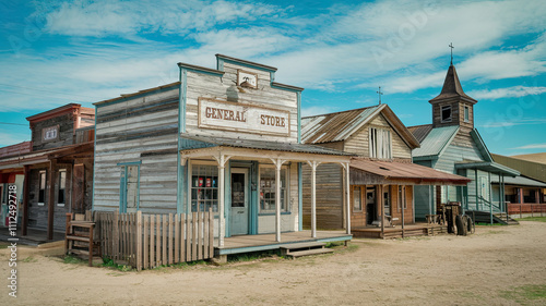 Old Rustic Antique Western Town - Historic Architecture with Wooden Buildings, Various Businesses, Saloon, General Store, Dusty Streets, Vintage Frontier Atmosphere, Nostalgic Americana Scene, Wild 