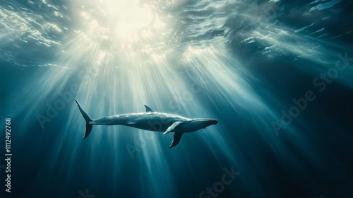 Majestic shark swimming in sunlit ocean waters underwater scene tranquil environment stunning marine life perspective