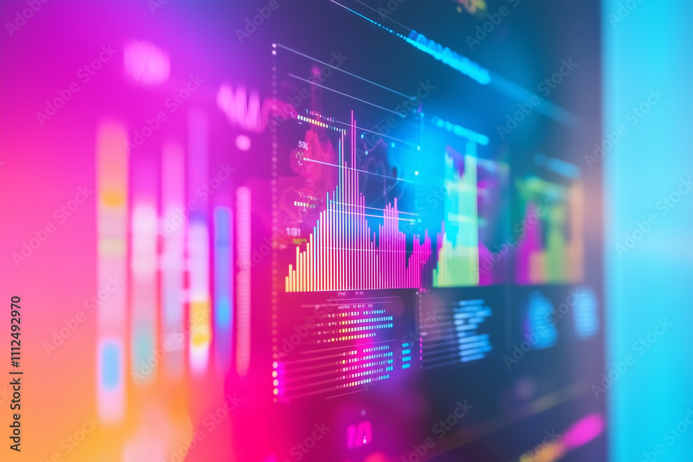 Visualize floating holographic data charts layered over vibrant background, showcasing colorful graphs and statistics that evoke sense of innovation and technology Visualize floating holographic data charts layered over vibrant background, showcasing colorful graphs and statistics that evoke sense of innovation and technology