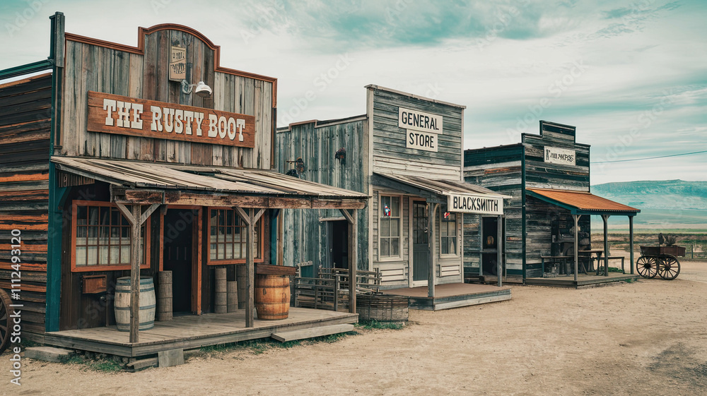 Old Rustic Antique Western Town - Historic Architecture with Wooden Buildings, Various Businesses, Saloon, General Store, Dusty Streets, Vintage Frontier Atmosphere, Nostalgic Americana Scene, Wild Old Rustic Antique Western Town - Historic Architecture with Wooden Buildings, Various Businesses, Saloon, General Store, Dusty Streets, Vintage Frontier Atmosphere, Nostalgic Americana Scene, Wild