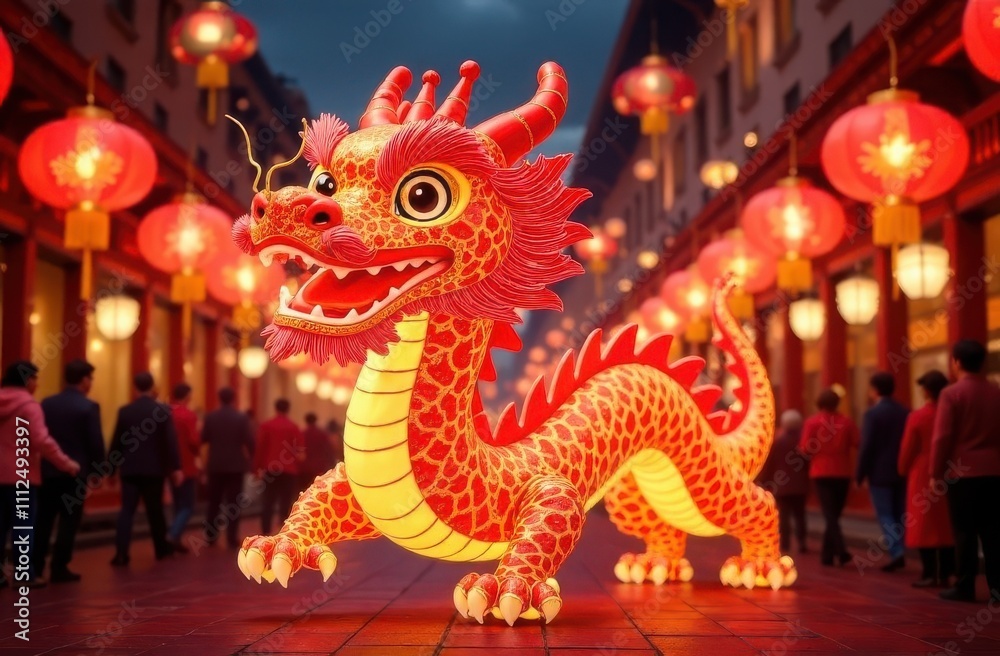 Fototapeta premium Chinese dragon against the backdrop of an evening street with lanterns