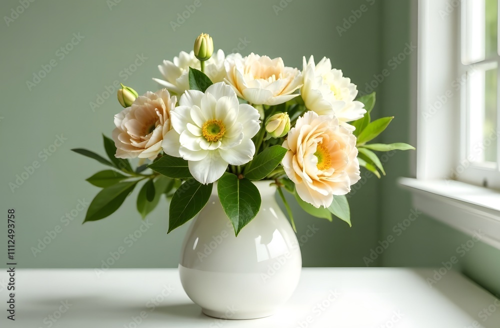 Light delicate bouquet in a white vase, light background, space for text Light delicate bouquet in a white vase, light background, space for text