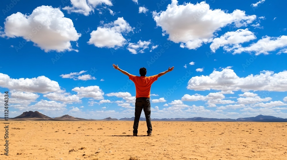 A Triumphant Hiker Stands Tall in a Vast Desert Landscape,Symbolizing Resilience and A Triumphant Hiker Stands Tall in a Vast Desert Landscape,Symbolizing Resilience and