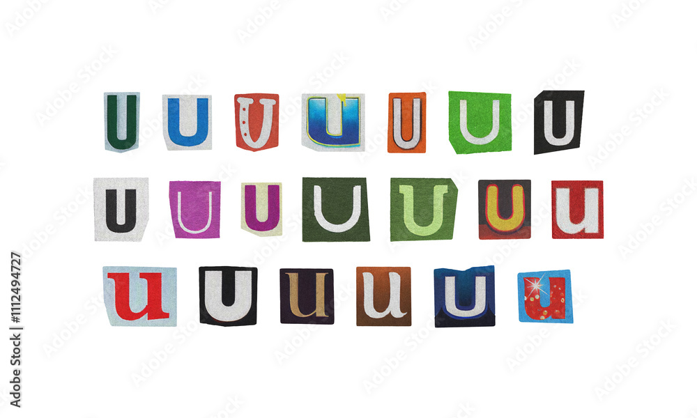 Set of cut-out letter “U” from magazines on a transparent background, retro y2k ransom font style Set of cut-out letter “U” from magazines on a transparent background, retro y2k ransom font style