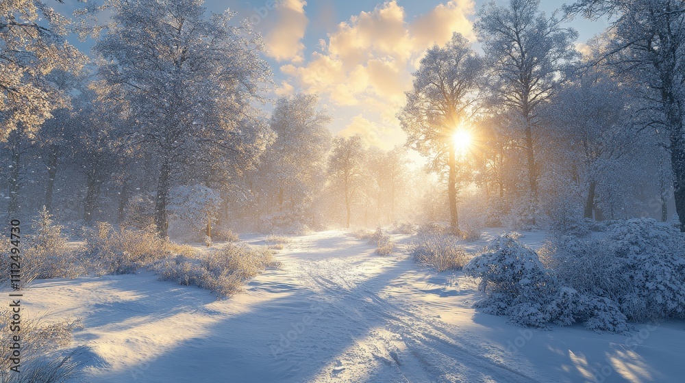 Fototapeta premium Enchanting Winter Wonderland: Serene Snowy Landscape with Glowing Sunset