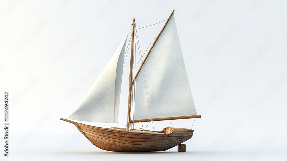 A Handcrafted Wooden Sailboat Model with White Sails Isolated A Handcrafted Wooden Sailboat Model with White Sails Isolated